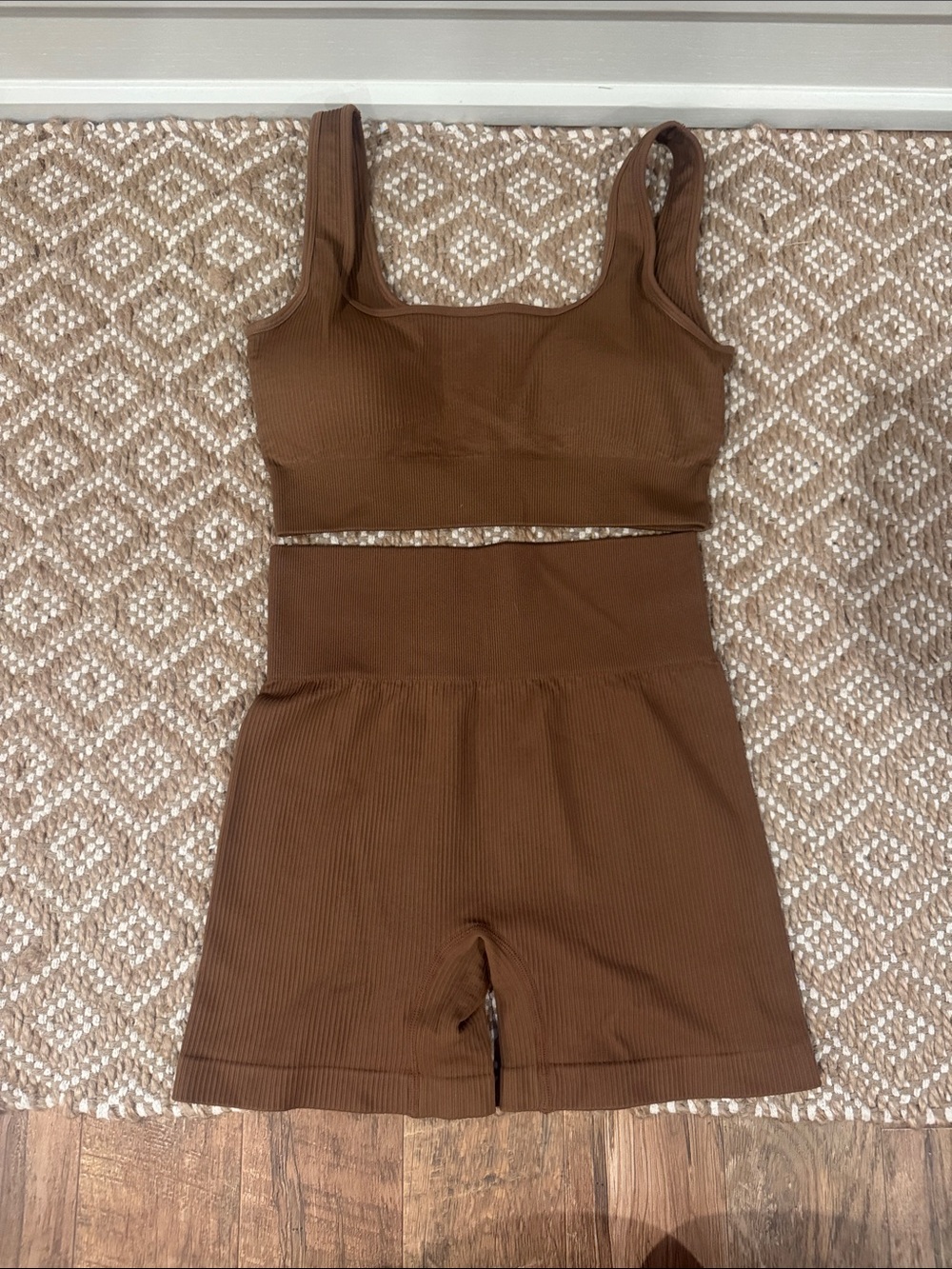OQQ Ribbed Two-Piece Crop Tank & High-Waist Shorts Set - Brown